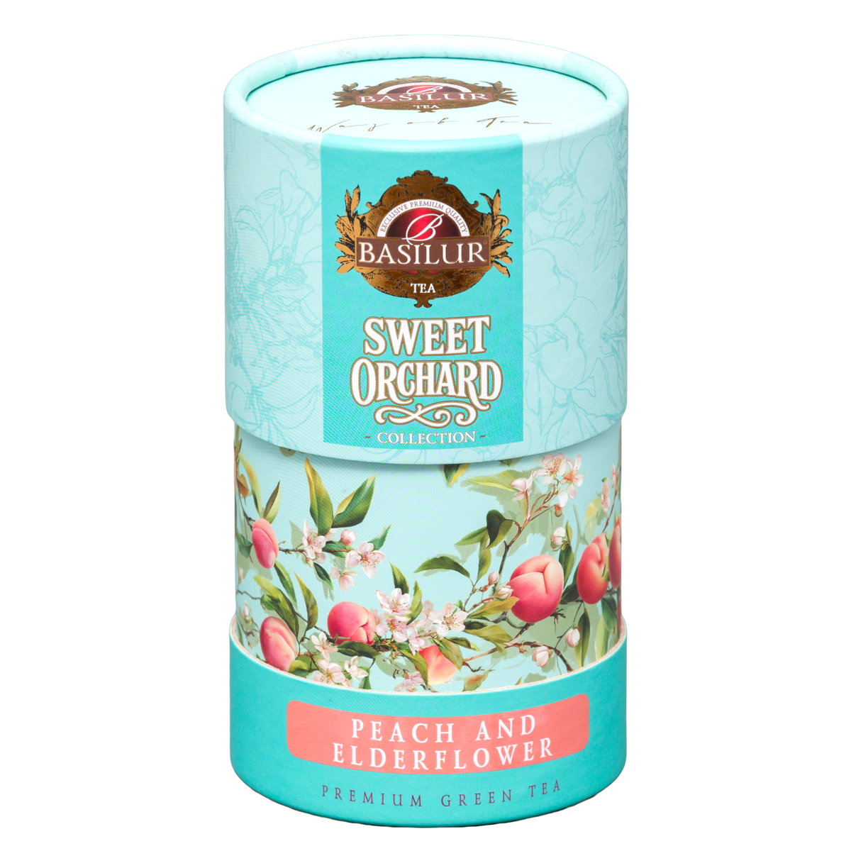 Dekoracyjna tuba herbaty zielonej Basilur Peach & Elderflower pokazana pod kątem, opakowanie prezentowe Basilur.