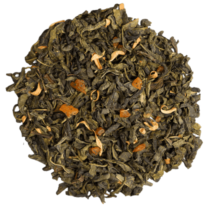 Susz herbaty zielonej Basilur Peach & Elderflower z kawałkami moreli i dodatkami kwiatowymi.