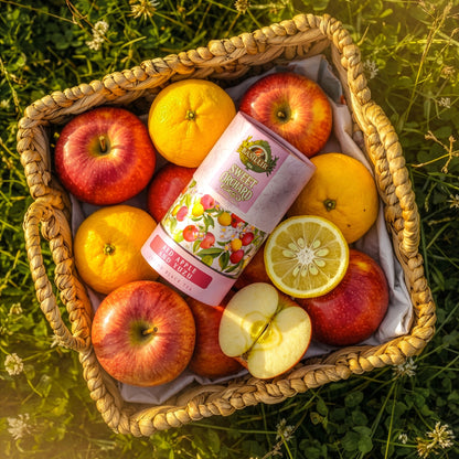 Tuba herbaty Basilur Red Apple and Yuzu w wiklinowym koszu wypełnionym czerwonymi jabłkami i cytrusami