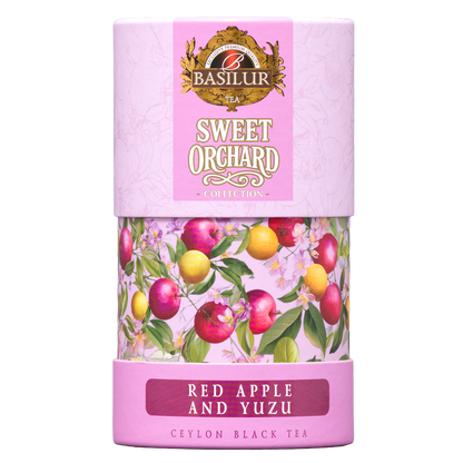 Herbata czarna Basilur Red Apple And Yuzu w dekoracyjnej tubie, widok opakowania z przodu.