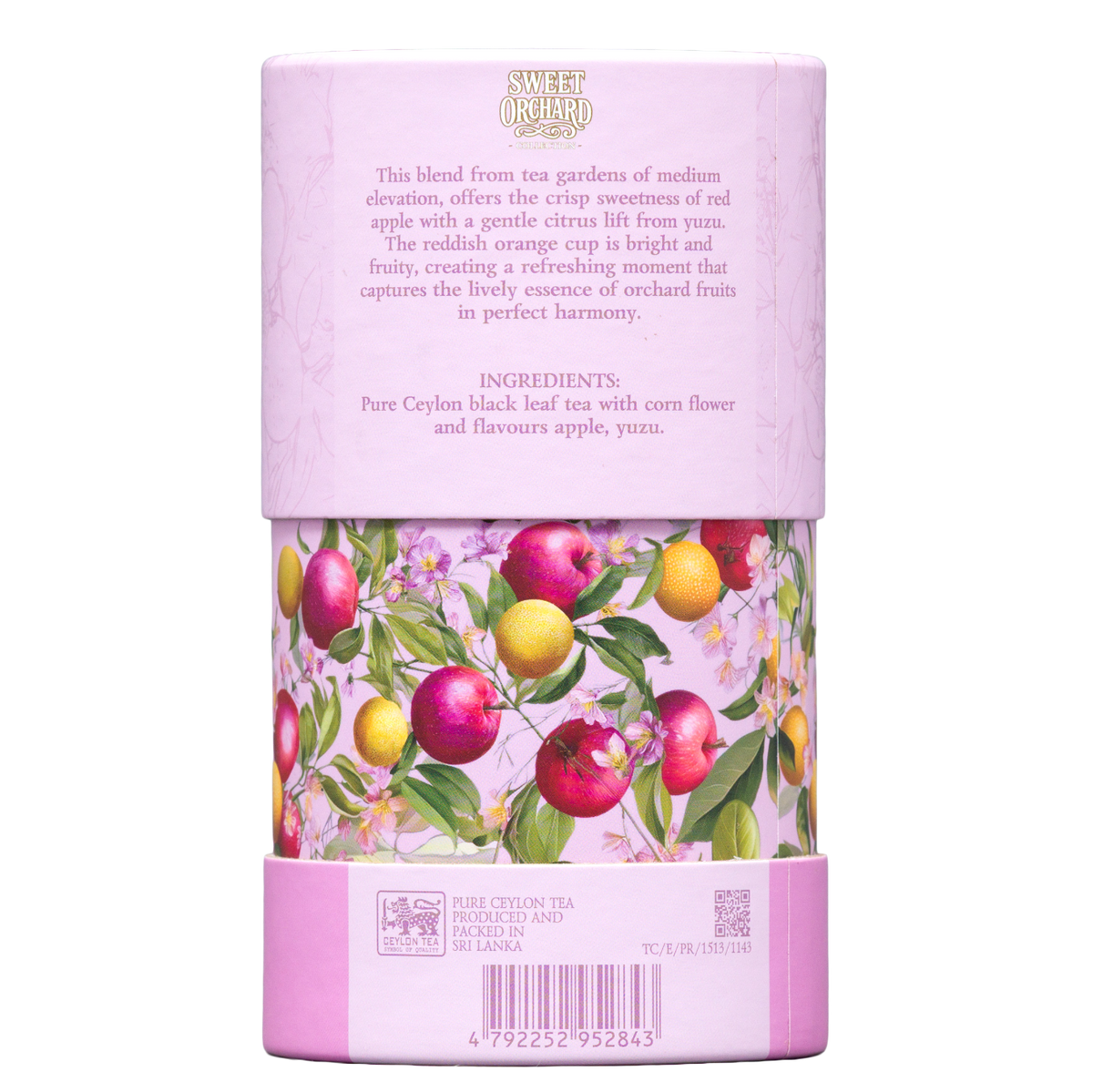 Herbata Basilur Red Apple And Yuzu w tubie, widok tylnej części opakowania ze składem produktu.