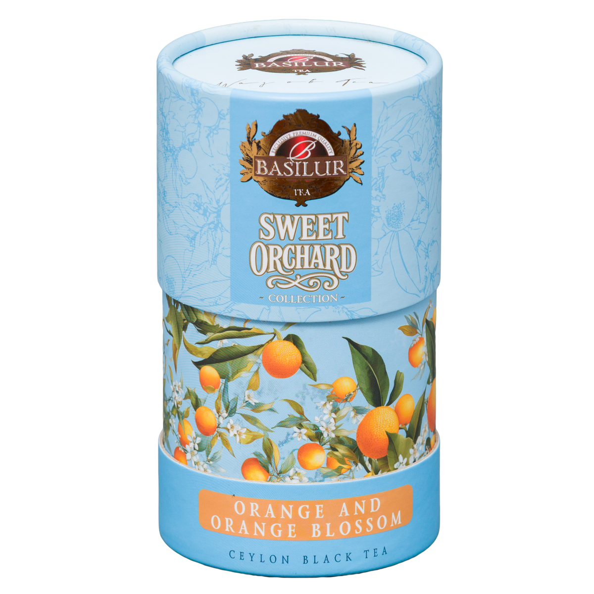 Dekoracyjna tuba herbaty czarnej Basilur Orange and Orange Blossom pokazana pod kątem.