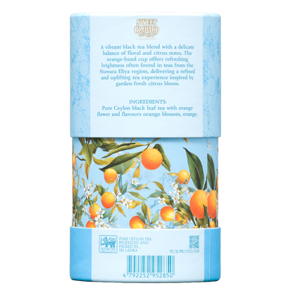 Herbata Basilur Orange and Orange Blossom w tubie, widok tylnej części opakowania z informacjami o produkcie.