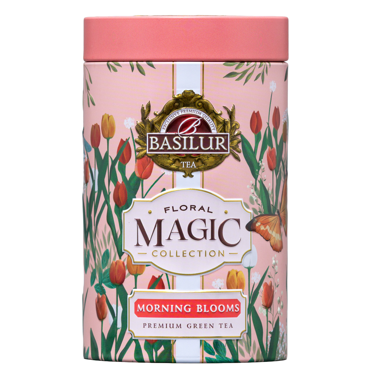 Basilur Morning Blooms zielona herbata liściasta w ozdobnej różowej puszce 75 g