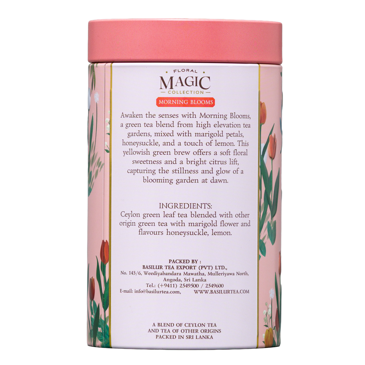 Tylna część puszki Basilur Morning Blooms z opisem i składem zielonej herbaty Floral Magic