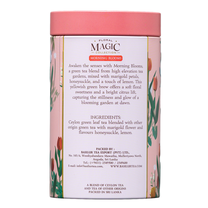 Tylna część puszki Basilur Morning Blooms z opisem i składem zielonej herbaty Floral Magic