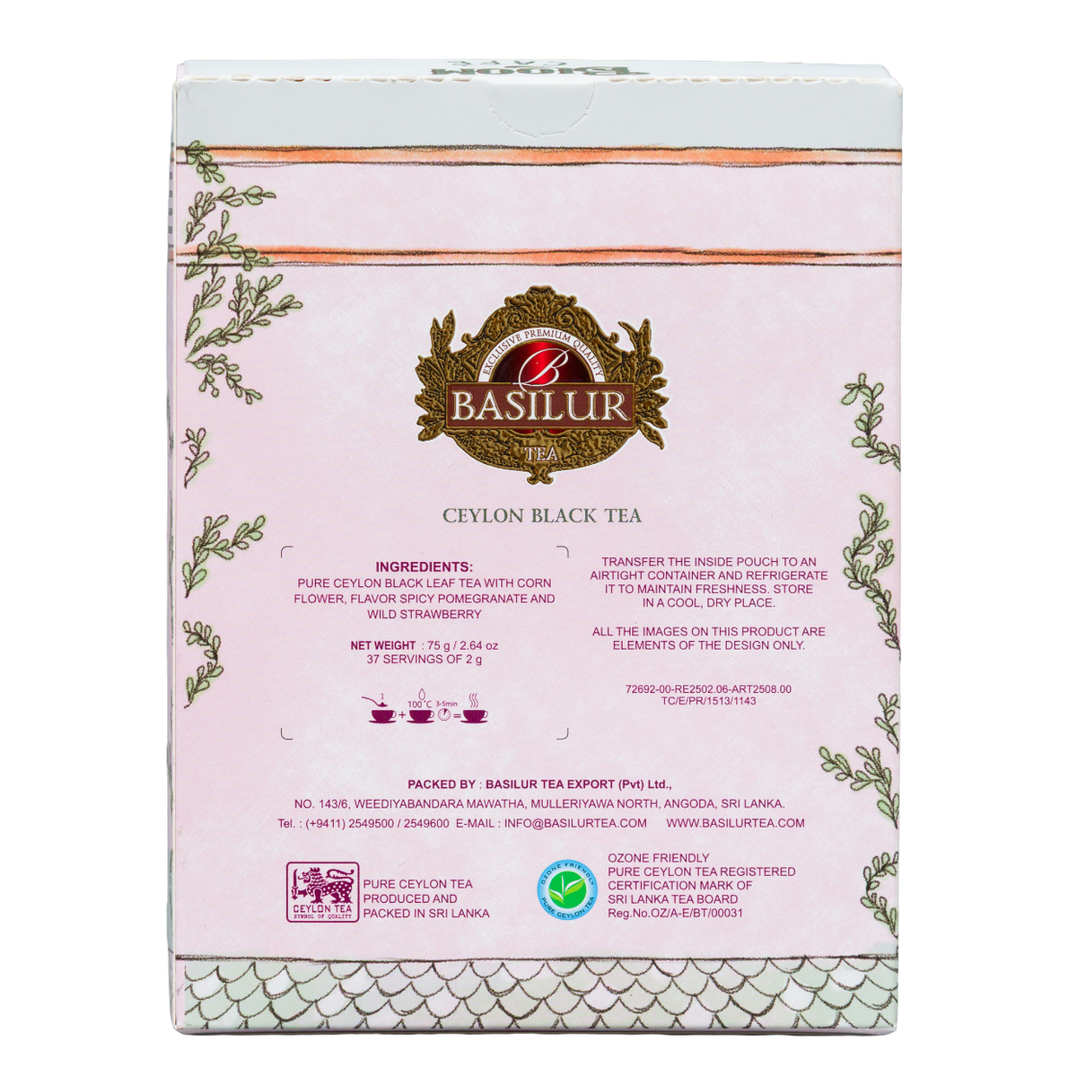 Tył opakowania herbaty czarnej Basilur Berry Twist 75 g z informacjami o składzie i sposobie parzenia.