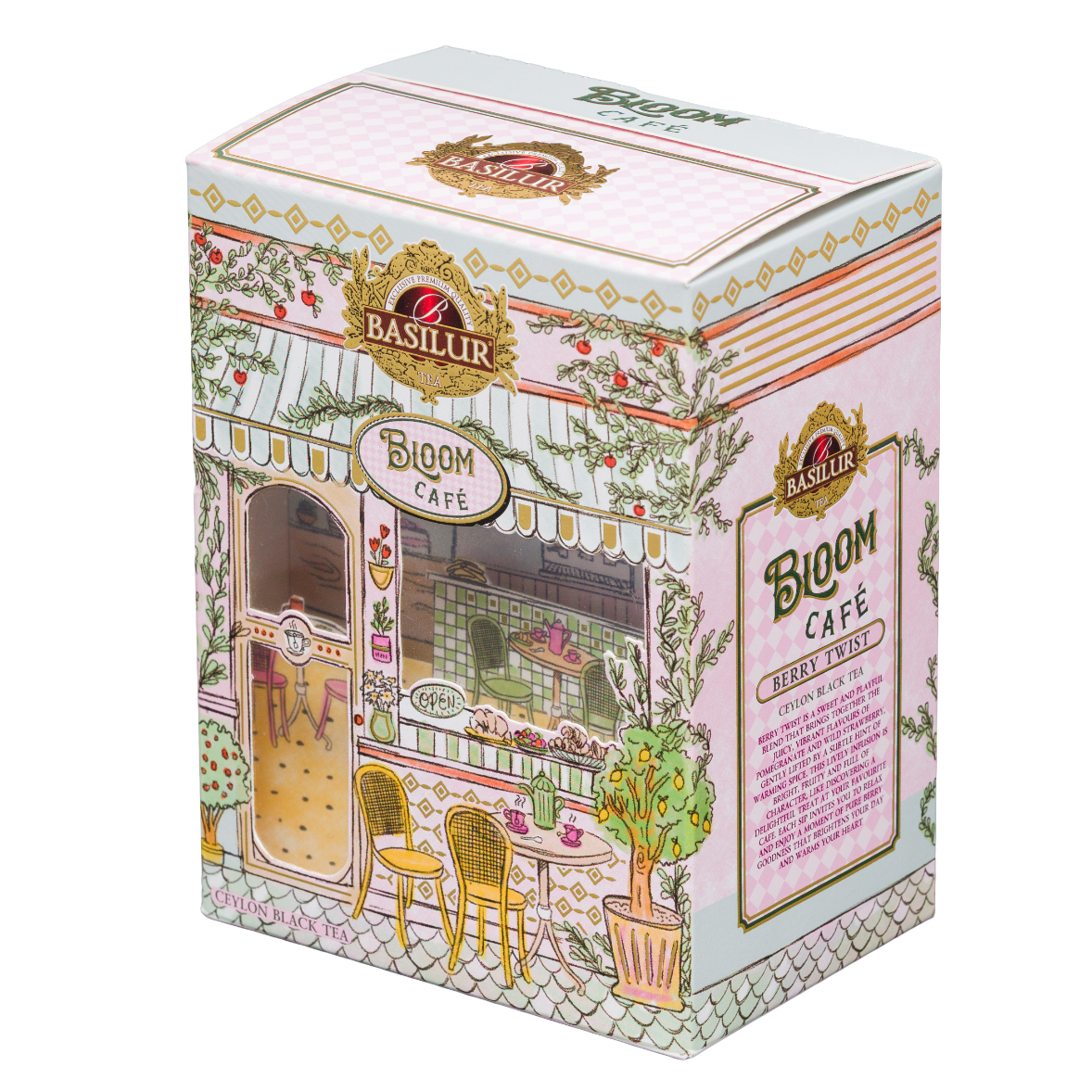 Herbata czarna Basilur Berry Twist w dekoracyjnym opakowaniu Bloom Café pokazanym pod kątem.