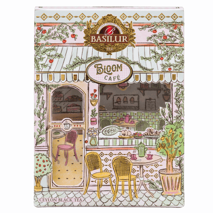 Przód opakowania herbaty czarnej Basilur Berry Twist z ilustracją pastelowej kawiarni Bloom Café.