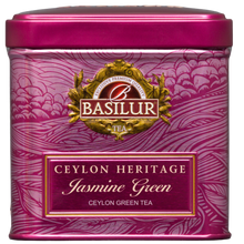 Herbata zielona Basilur Jasmine Green, front różowej metalowej puszki 50 g