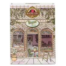 Przód opakowania herbaty czarnej Basilur Zesty Twist z dekoracyjną ilustracją kawiarni Bloom Café.