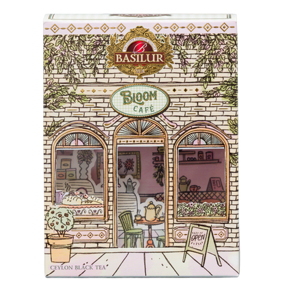 Przód opakowania herbaty czarnej Basilur Zesty Twist z dekoracyjną ilustracją kawiarni Bloom Café.