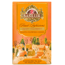Przód opakowania Basilur Frosty Cranberry, napar z rooibosem w 20 kopertach po 1,8 g