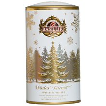 Herbata czarna Basilur Winter White w białej świątecznej puszce ze złotym motywem choinki
