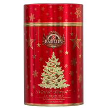Herbata czarna Basilur Crimson Red 75 g, przód czerwonej tuby Winter Forest ze złotą choinką