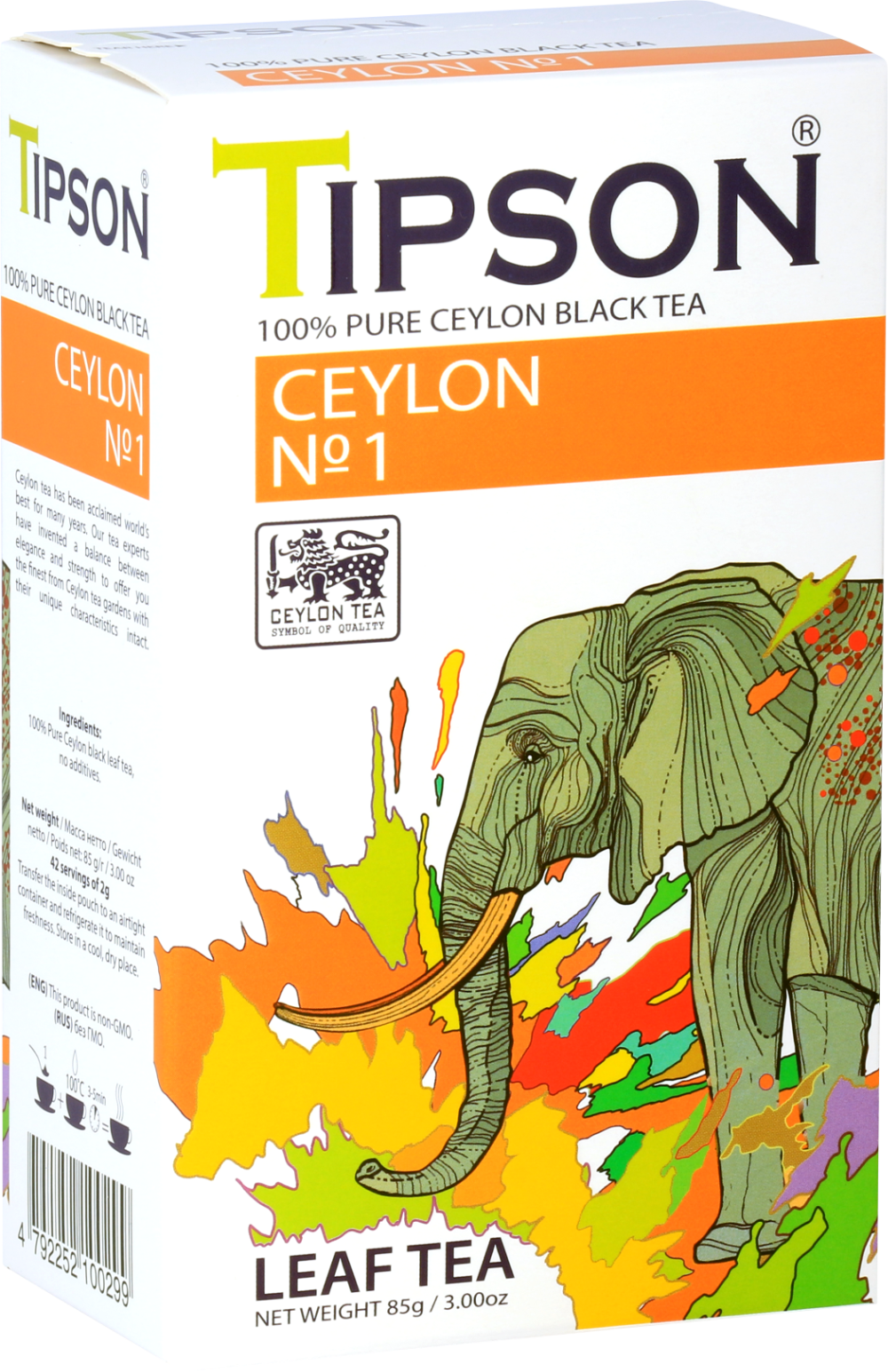 Widok boczny pudełka Tipson Ceylon No.1 z logo Ceylon Tea.