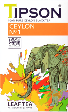 Opakowanie herbaty Tipson Ceylon No.1 z kolorowym motywem słonia.