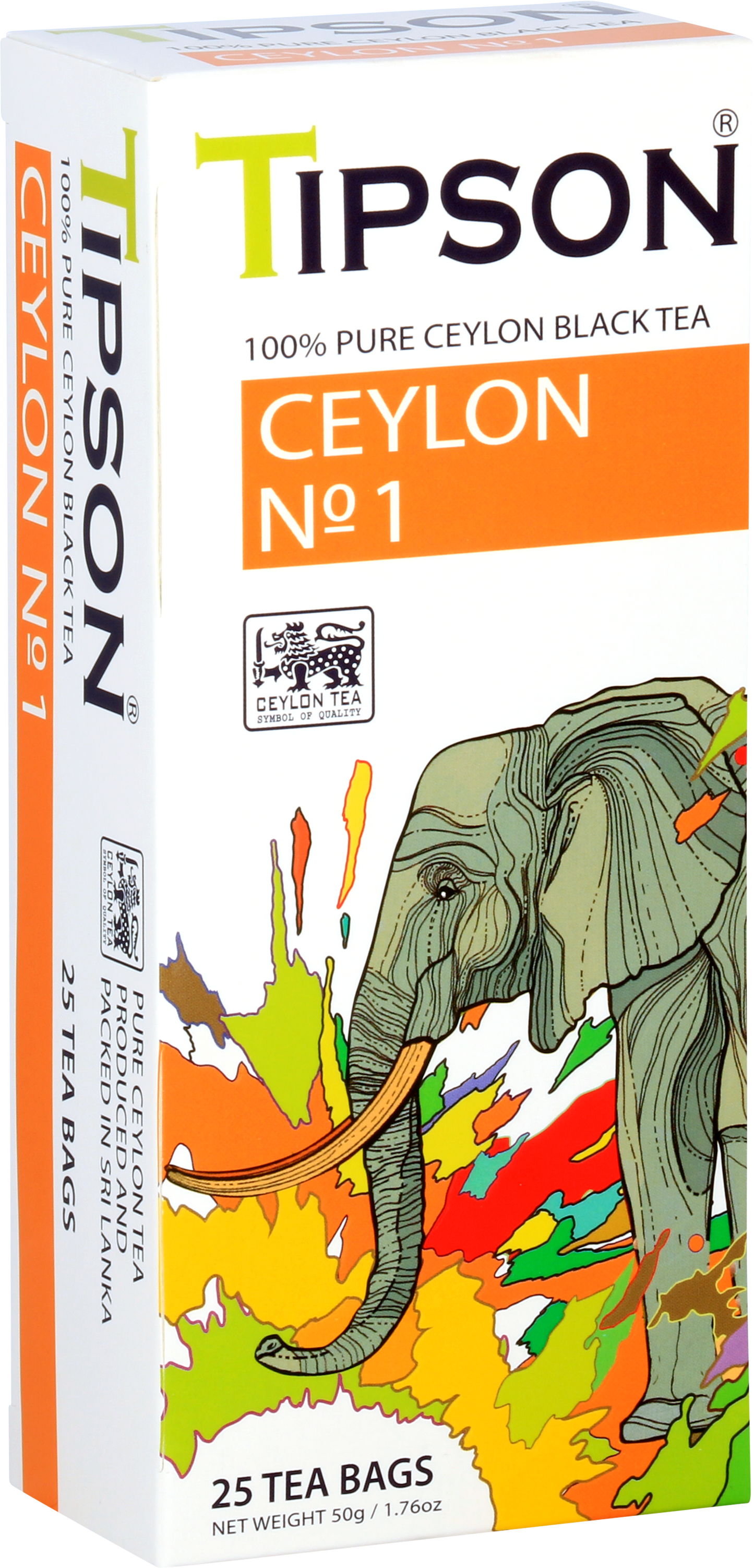 Pudełko herbaty Tipson Ceylon No. 1 z motywem kolorowego słonia.