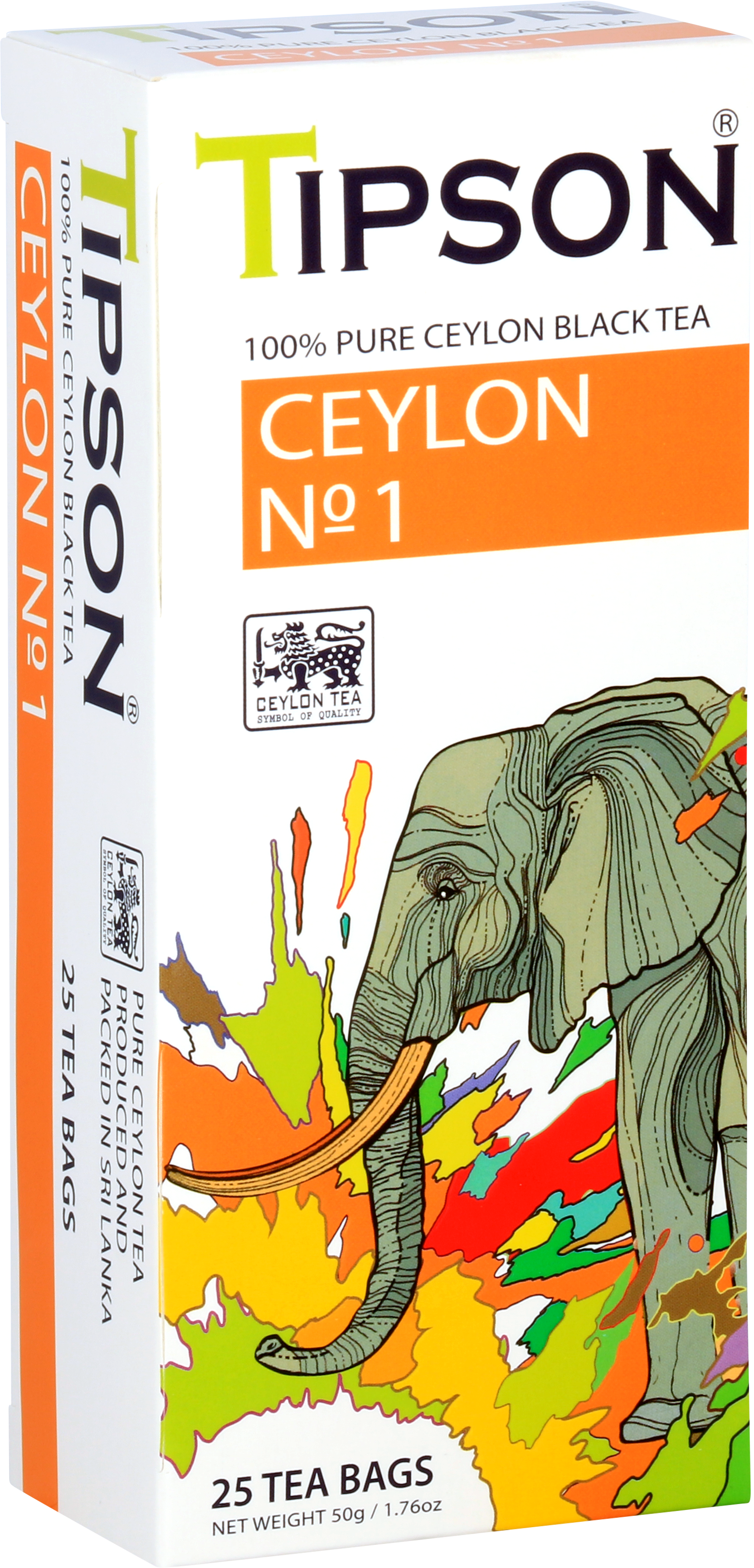 Pudełko herbaty Tipson Ceylon No. 1 z motywem kolorowego słonia.