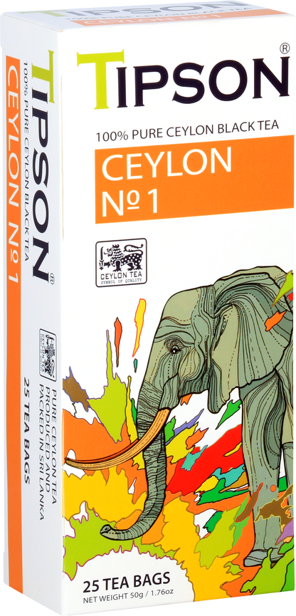 Pudełko herbaty Tipson Ceylon No. 1 z motywem kolorowego słonia.