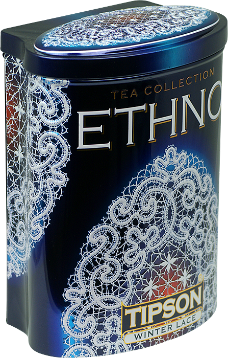 Puszka herbaty Tipson Winter Lace z koronkowym wzorem w zimowej stylistyce.