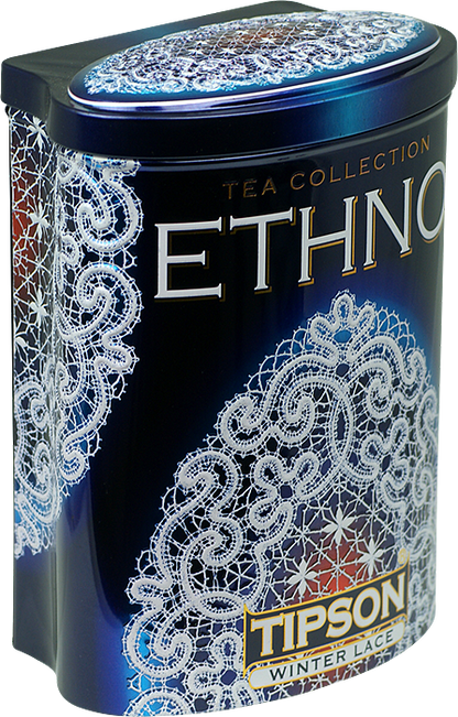 Puszka herbaty Tipson Winter Lace z koronkowym wzorem w zimowej stylistyce.