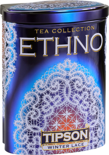 Widok boczny puszki Tipson Winter Lace z napisem Ethno Tea Collection.