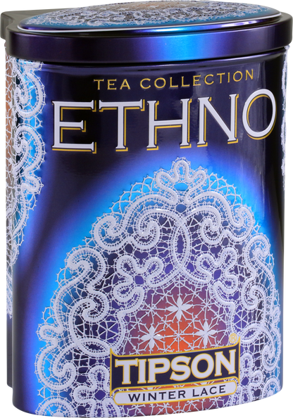 Widok boczny puszki Tipson Winter Lace z napisem Ethno Tea Collection.
