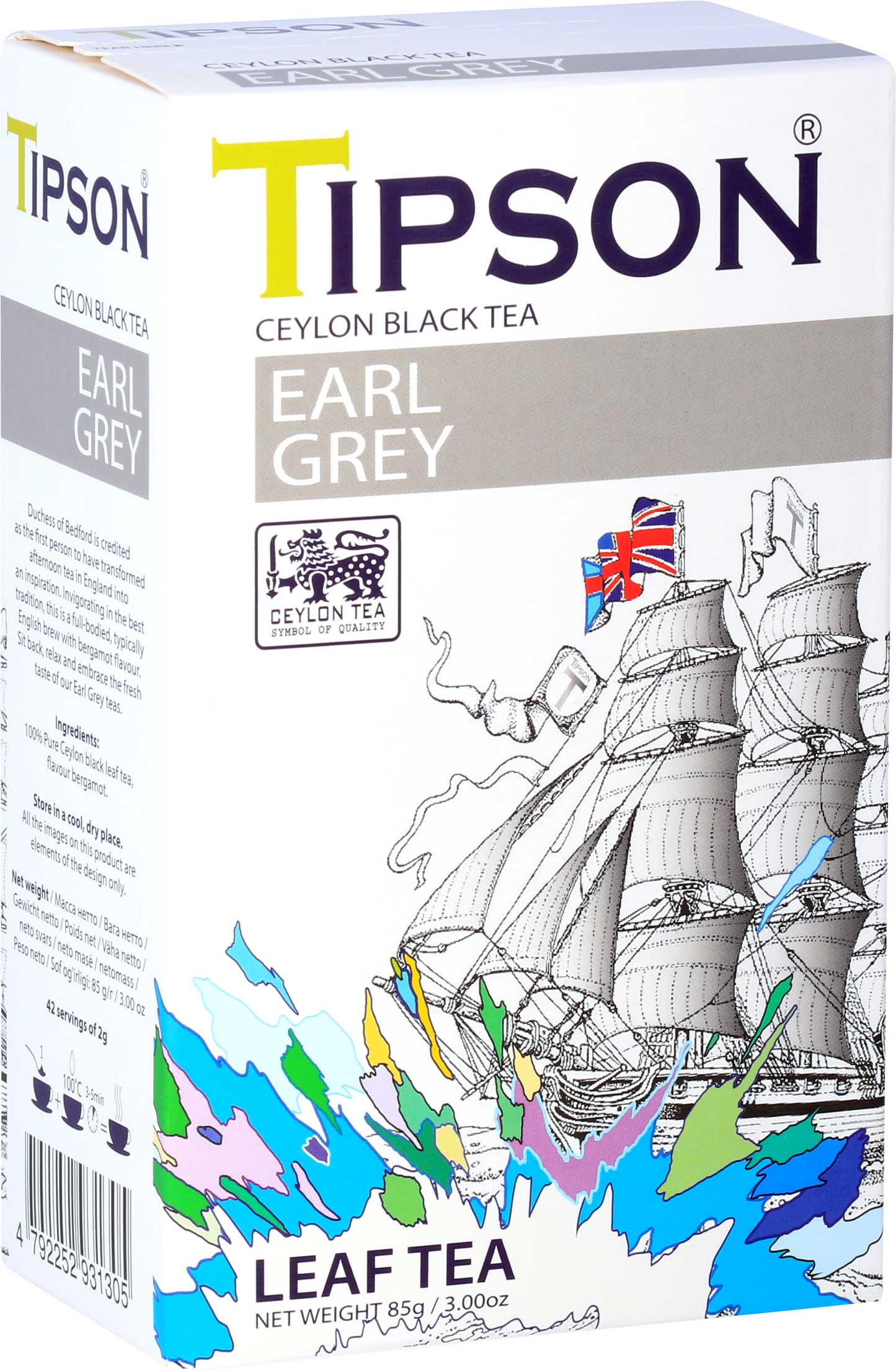 Perspektywiczny widok opakowania Tipson Earl Grey – czarna herbata liściasta z bergamotką.