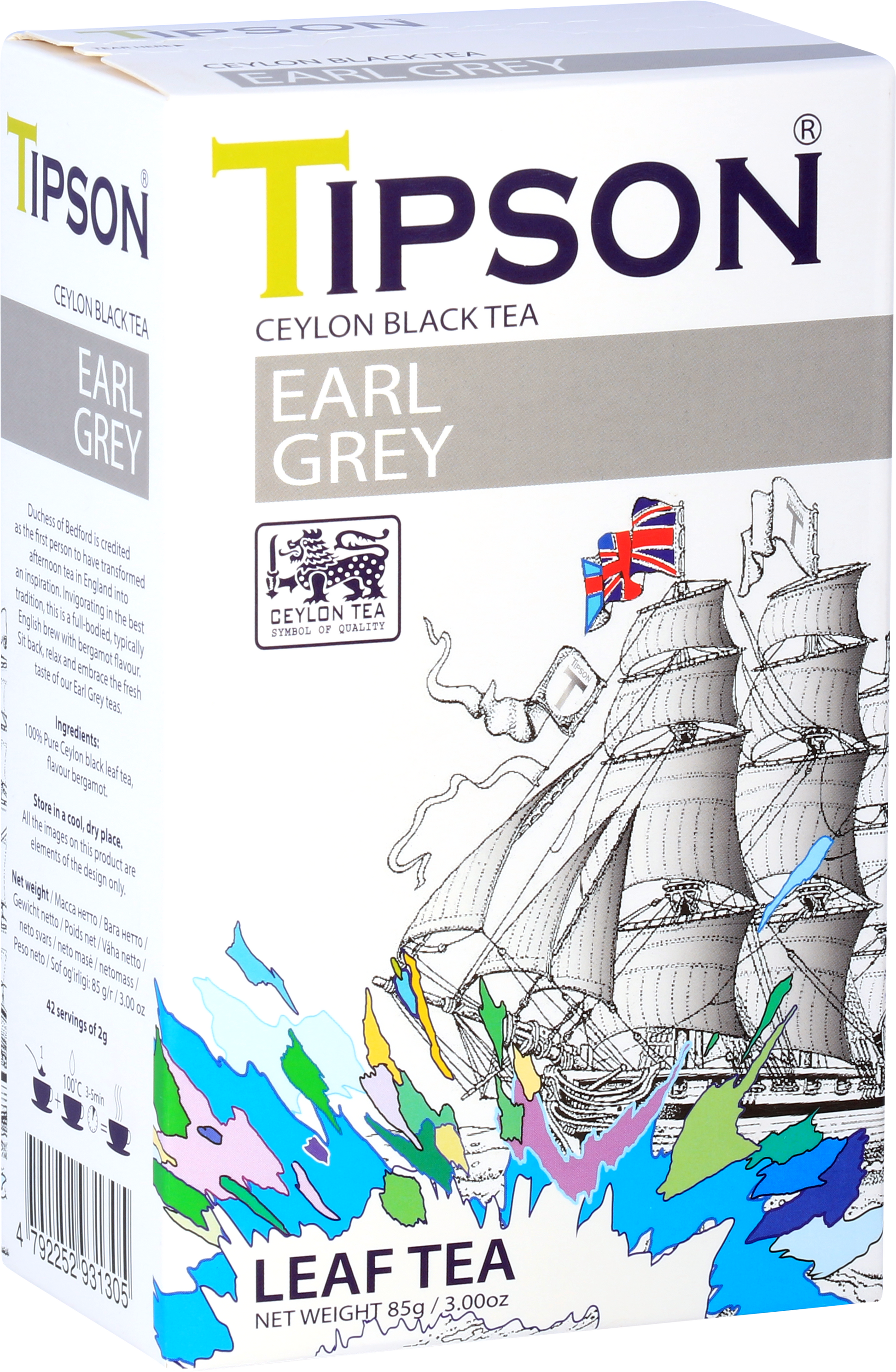 Perspektywiczny widok opakowania Tipson Earl Grey – czarna herbata liściasta z bergamotką.