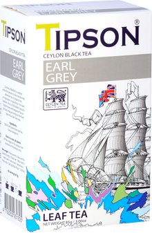 Perspektywiczny widok opakowania Tipson Earl Grey – czarna herbata liściasta z bergamotką.
