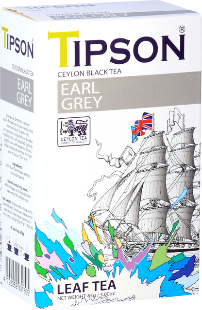 Perspektywiczny widok opakowania Tipson Earl Grey – czarna herbata liściasta z bergamotką.