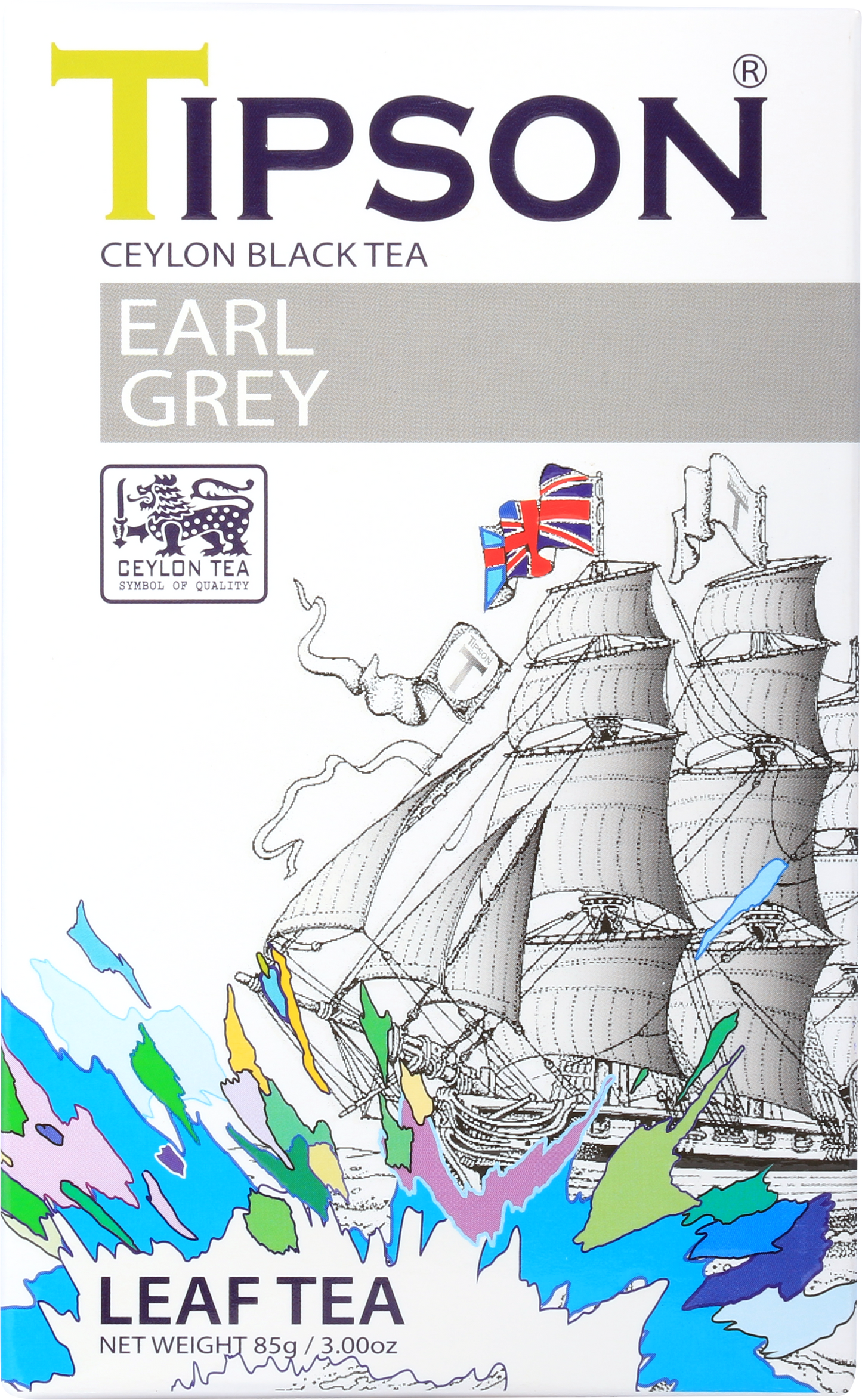 Opakowanie herbaty Tipson Earl Grey z motywem żaglowca i flagą brytyjską.