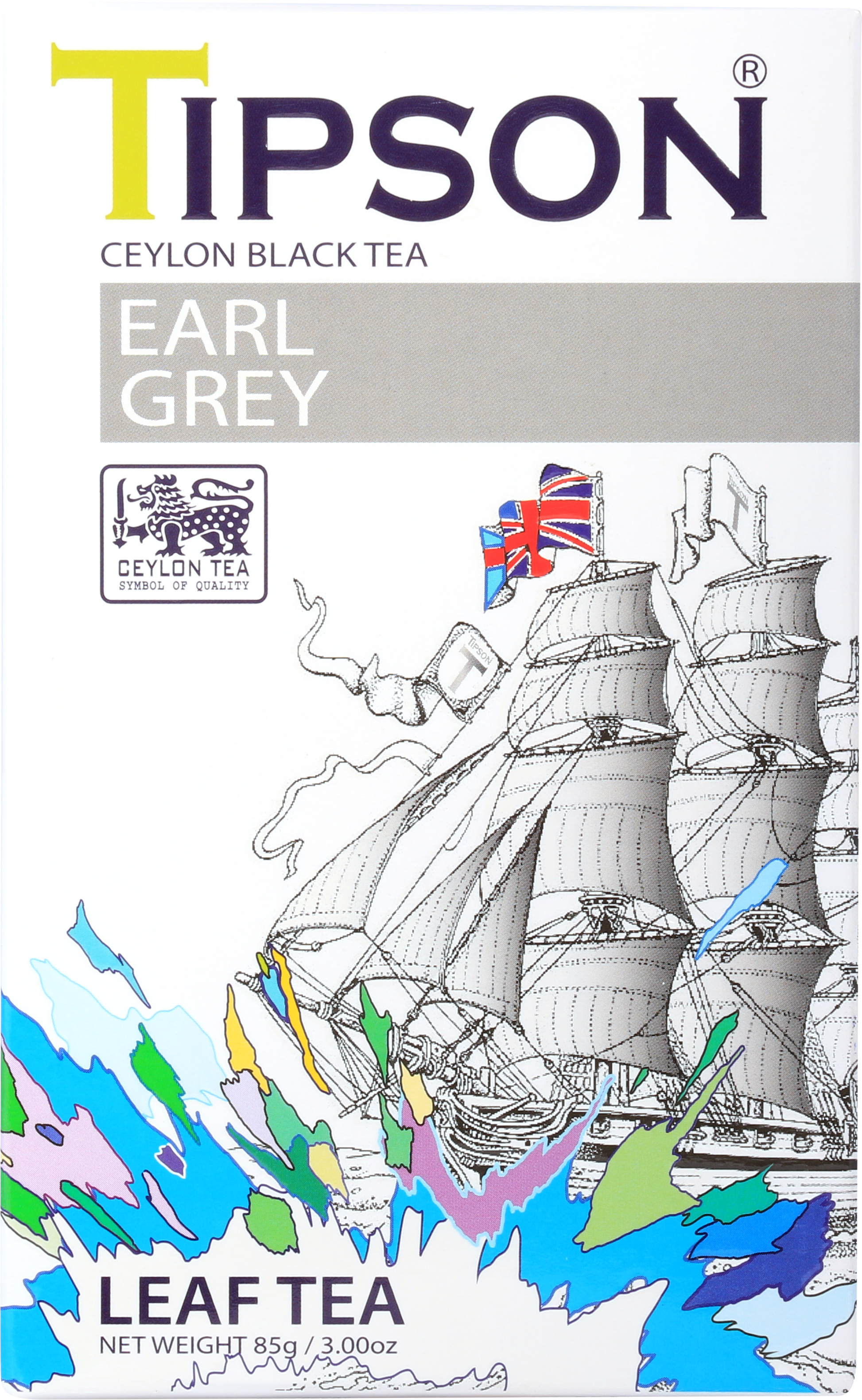 Opakowanie herbaty Tipson Earl Grey z motywem żaglowca i flagą brytyjską.