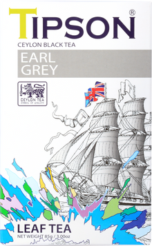 Opakowanie herbaty Tipson Earl Grey z motywem żaglowca i flagą brytyjską.