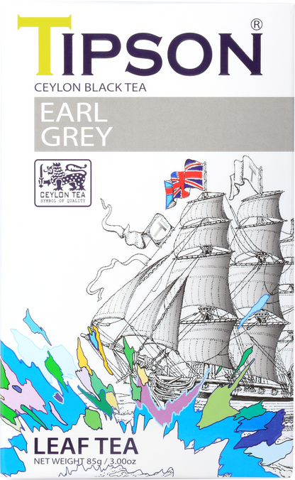 Opakowanie herbaty Tipson Earl Grey z motywem żaglowca i flagą brytyjską.