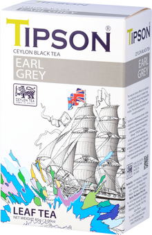 Widok boczny pudełka Tipson Earl Grey z logo Ceylon Tea.