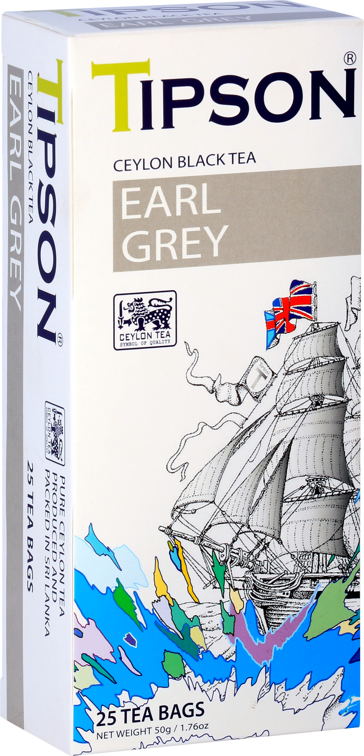 Opakowanie herbaty Tipson Earl Grey z motywem żaglowca i flagą brytyjską.