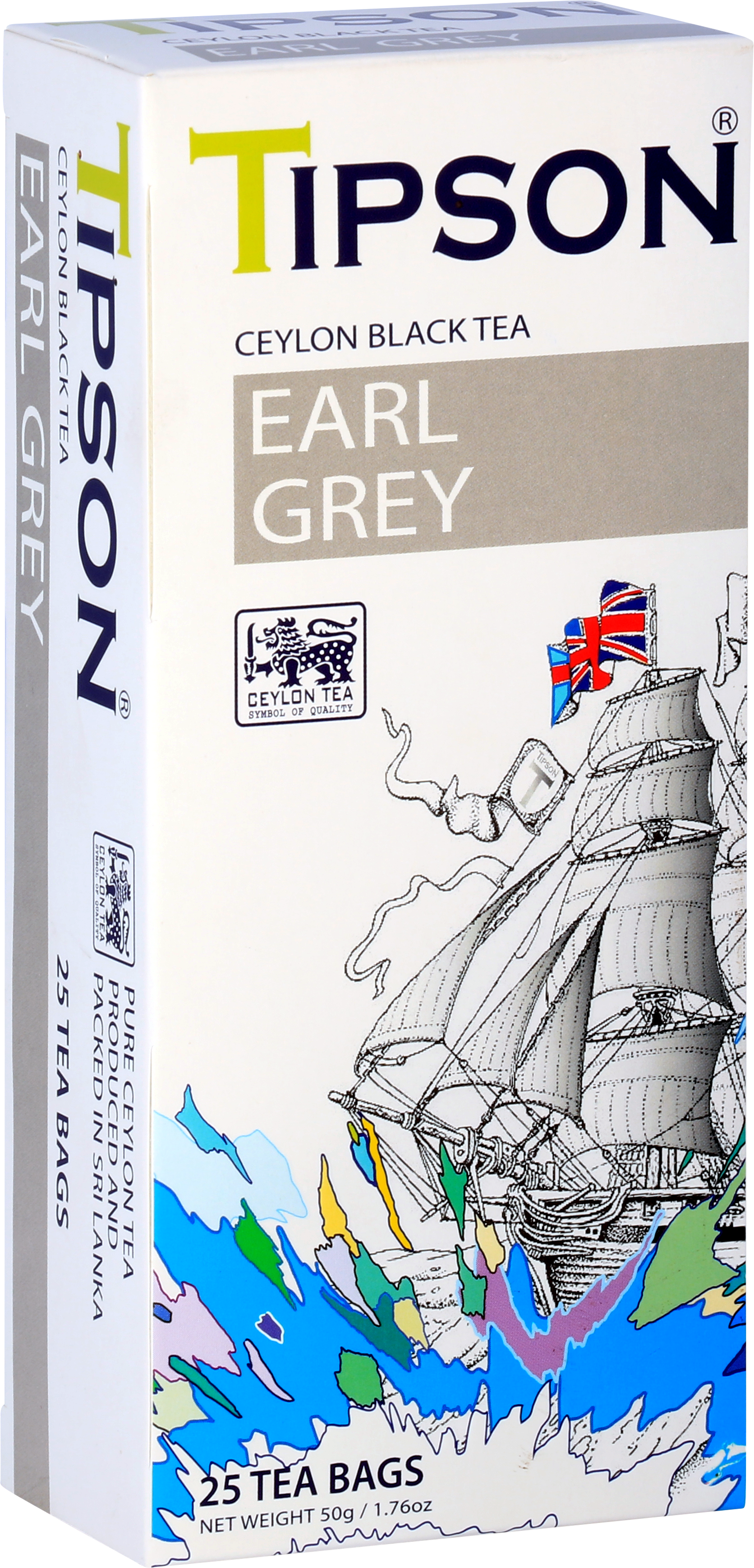 Opakowanie herbaty Tipson Earl Grey z motywem żaglowca i flagą brytyjską.