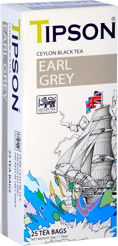 Opakowanie herbaty Tipson Earl Grey z motywem żaglowca i flagą brytyjską.