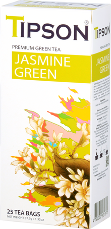 Widok boczny pudełka Tipson Jasmine Green – zielona herbata jaśminowa.