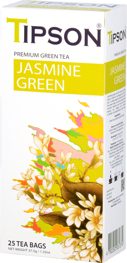 Widok boczny pudełka Tipson Jasmine Green – zielona herbata jaśminowa.