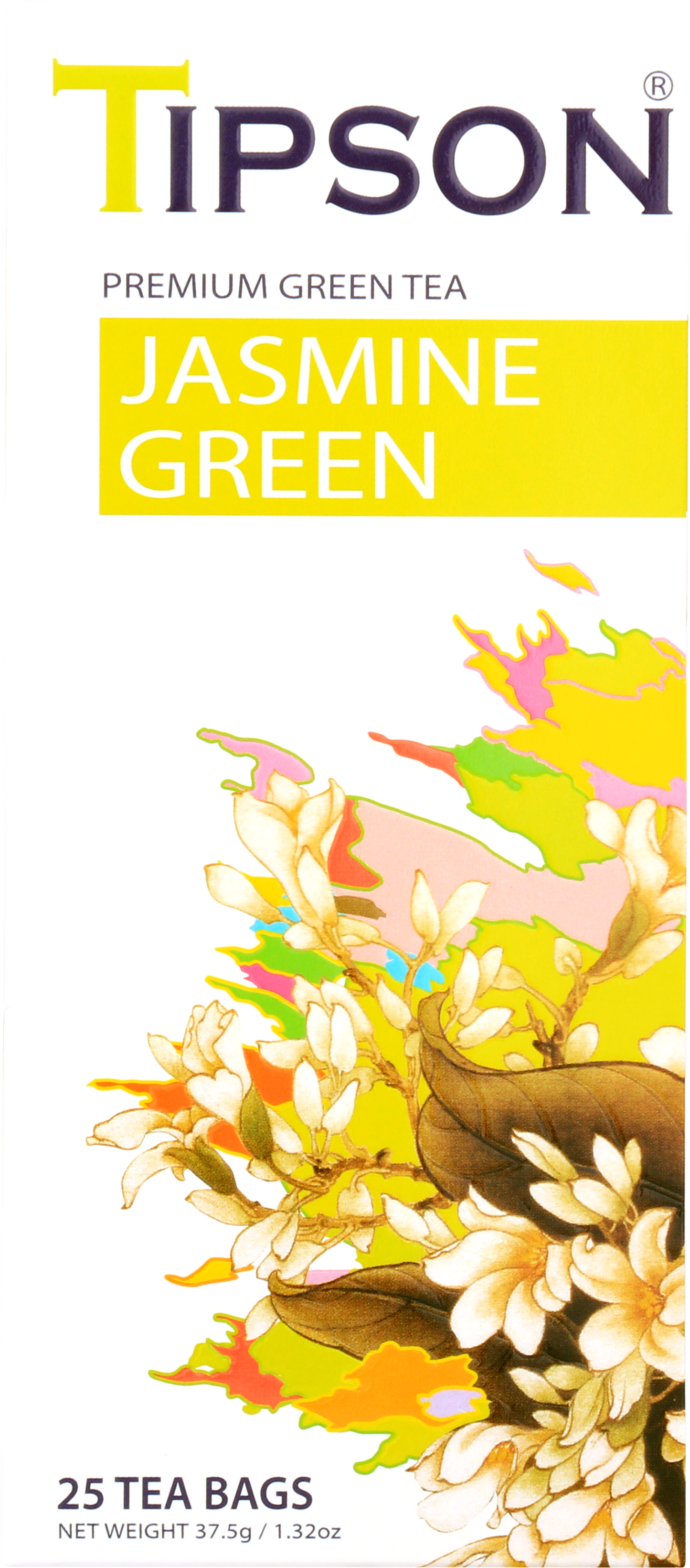 Opakowanie herbaty Tipson Jasmine Green z kwiatami jaśminu.
