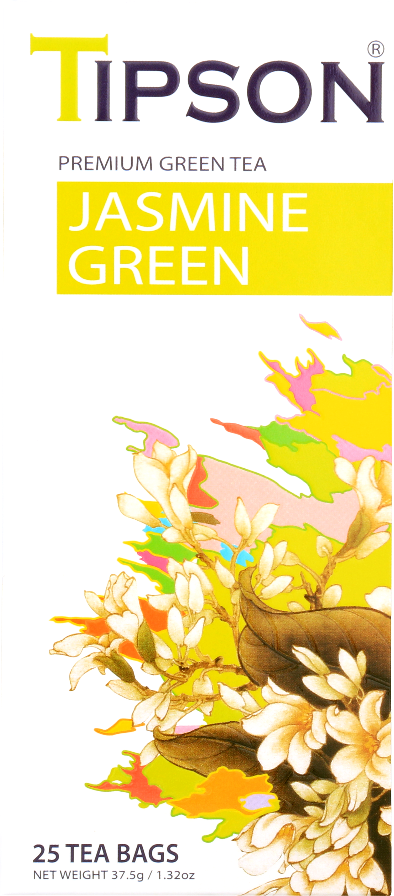 Opakowanie herbaty Tipson Jasmine Green z kwiatami jaśminu.