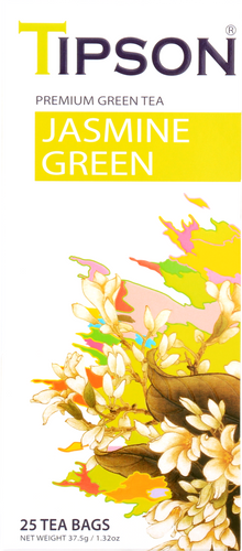 Opakowanie herbaty Tipson Jasmine Green z kwiatami jaśminu.