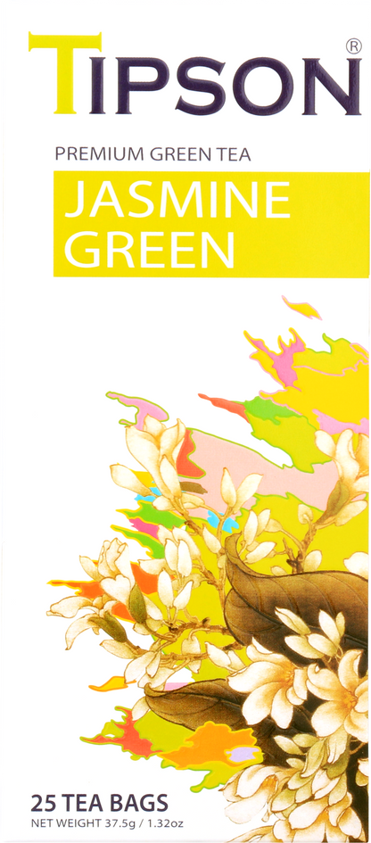 Opakowanie herbaty Tipson Jasmine Green z kwiatami jaśminu.