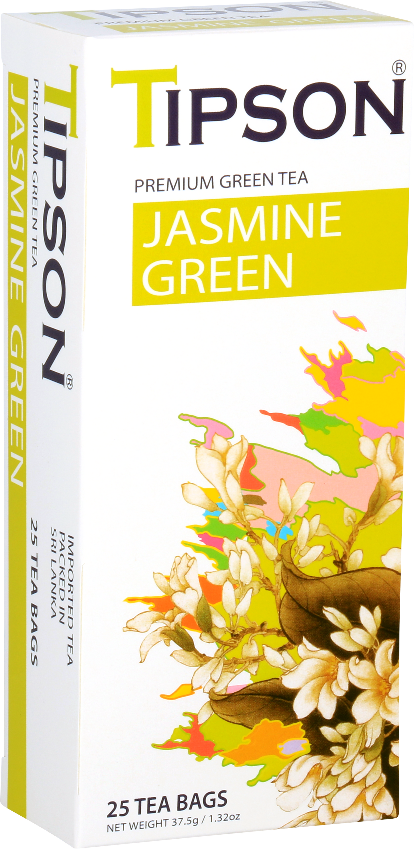 Perspektywiczny widok opakowania Tipson Jasmine Green – 25 torebek herbaty.