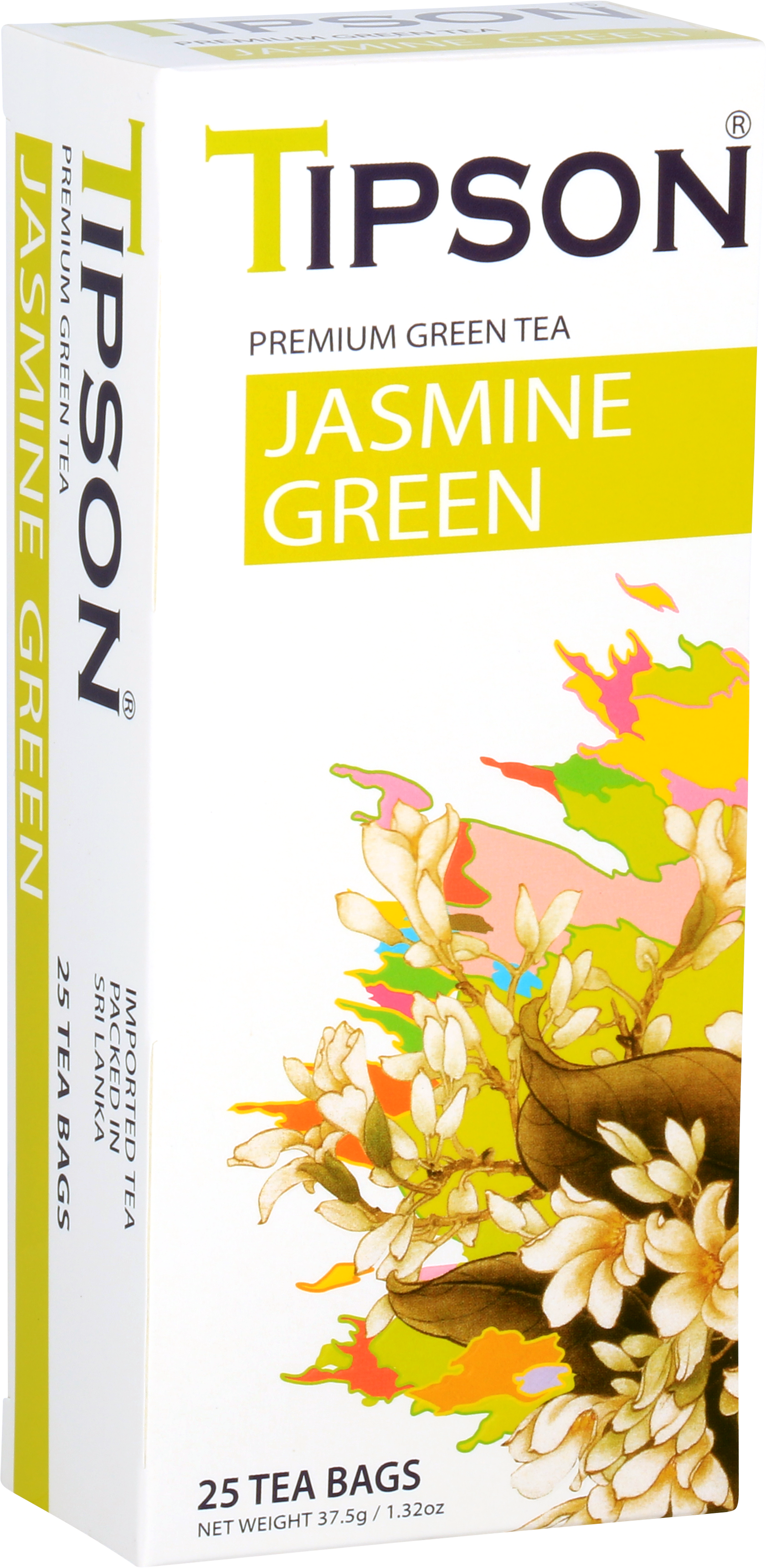 Perspektywiczny widok opakowania Tipson Jasmine Green – 25 torebek herbaty.