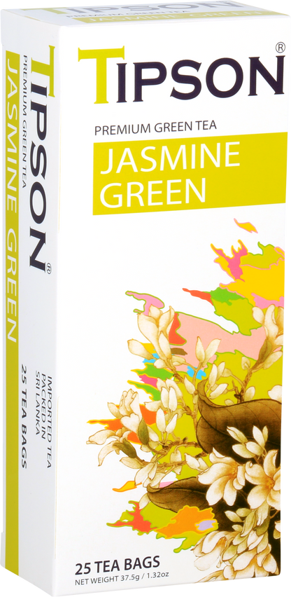 Perspektywiczny widok opakowania Tipson Jasmine Green – 25 torebek herbaty.