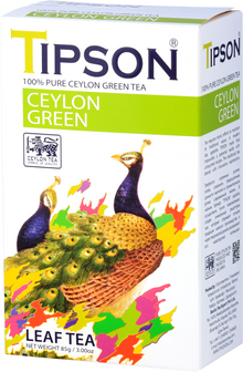 Widok boczny pudełka Tipson Ceylon Green z logo Ceylon Tea.